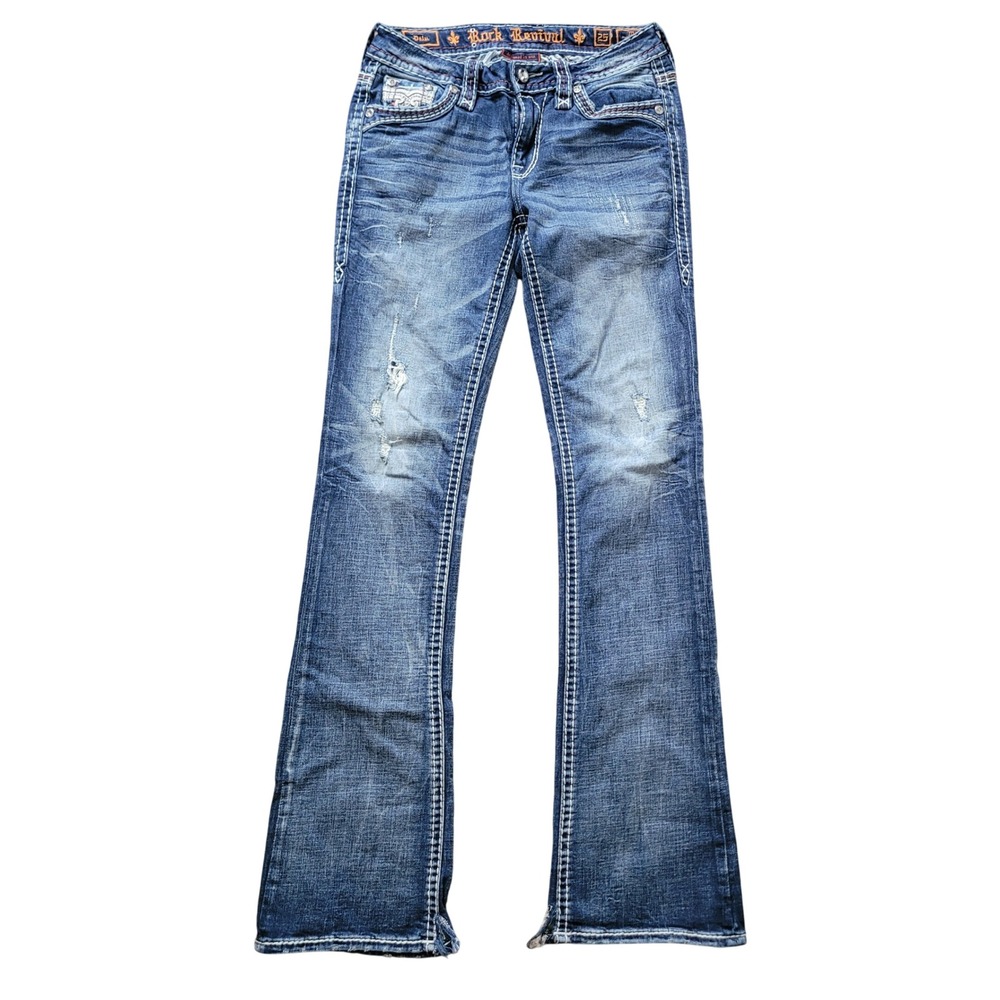 Rock Revival 25 Delu Bootcut Jeans Womens Blue Distressed Embroidered Mid-Rise